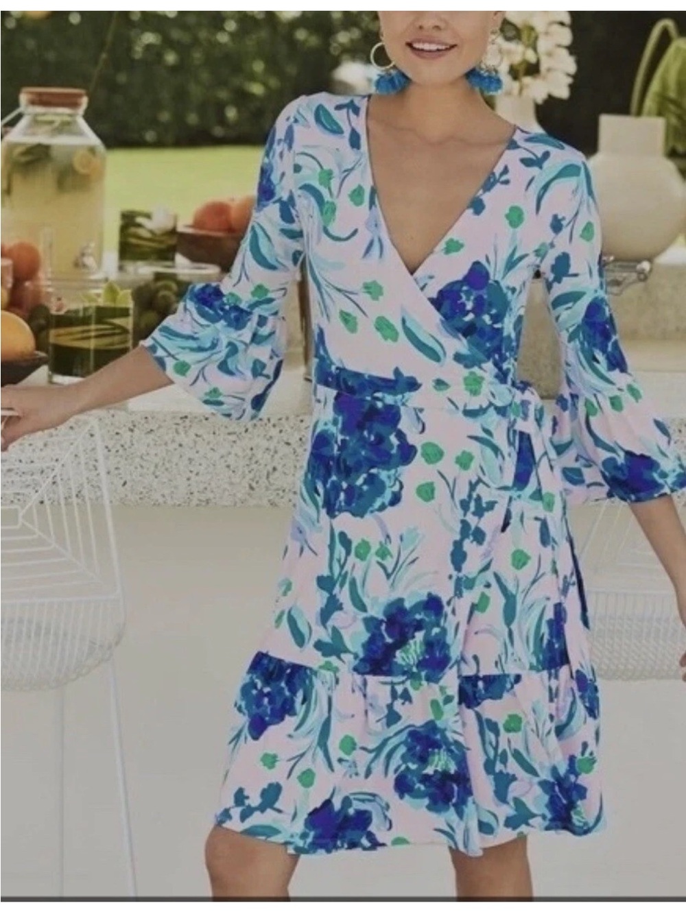 Lilly Pulitzer Blue & Green Floral Wrap Midi Dress